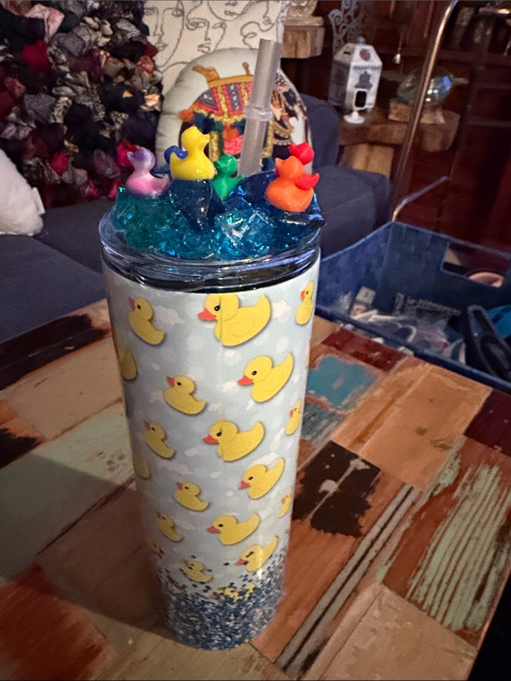 Rubber Duck Pattern Travel Tumbler with Colorful Duck Charm Lid